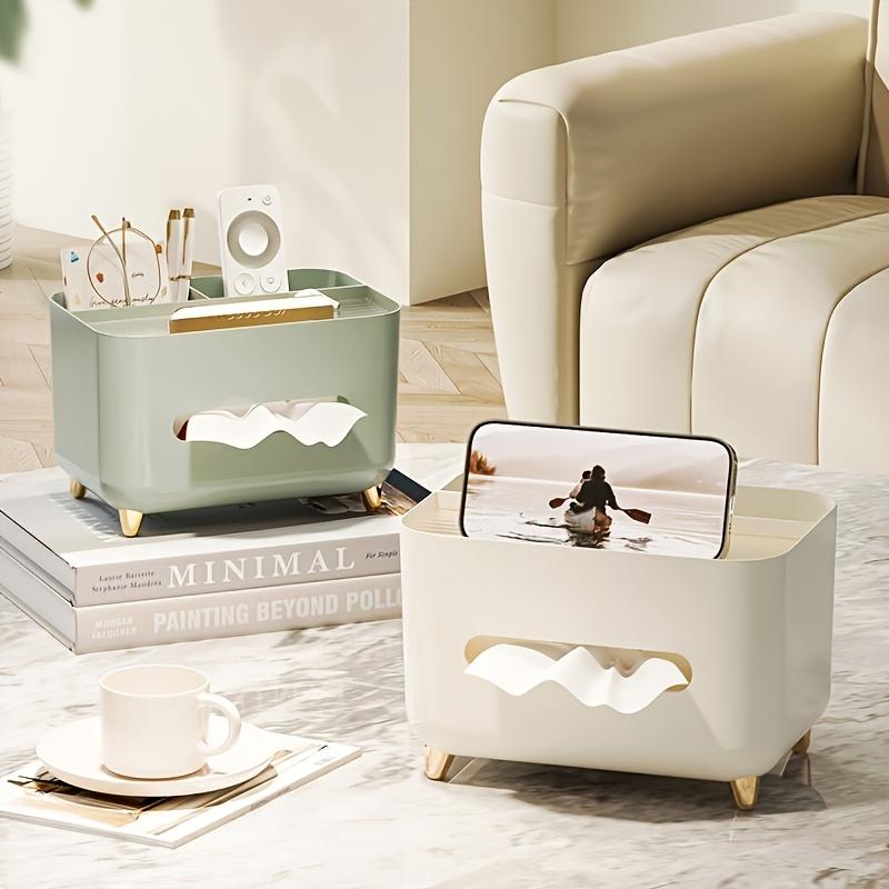 1pc Multifunctional Desk Organizer Tissue Box with Remote Storage - Stylish Cream Design, 3 Compartments for Home Office or Study Table Organization