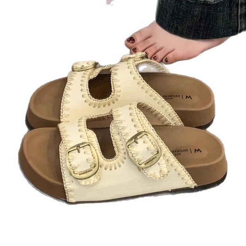 Cowhide version~ Boken cool slippers summer new double buckle thick sole heightened breathable outer wear casual soft sole women's shoes