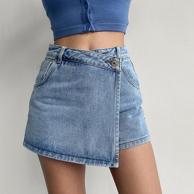 2023 Summer High-Waist A-Line Denim Skirt Shorts for Women - Light Color, Slim Fit, Trendy Two-Piece Design