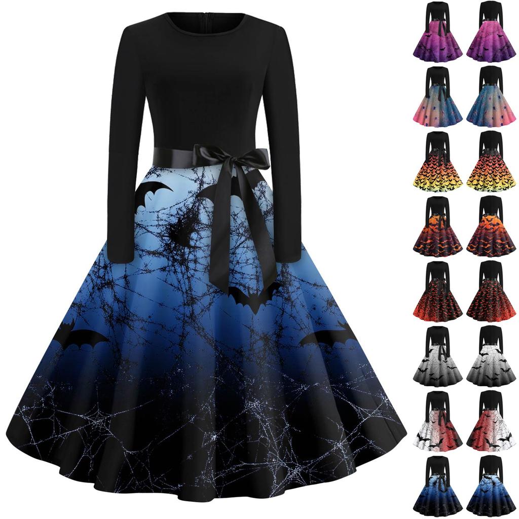 Women's Fashion O-Neck Casual Slim Fit Halloween Printed Long Sleeve Dress