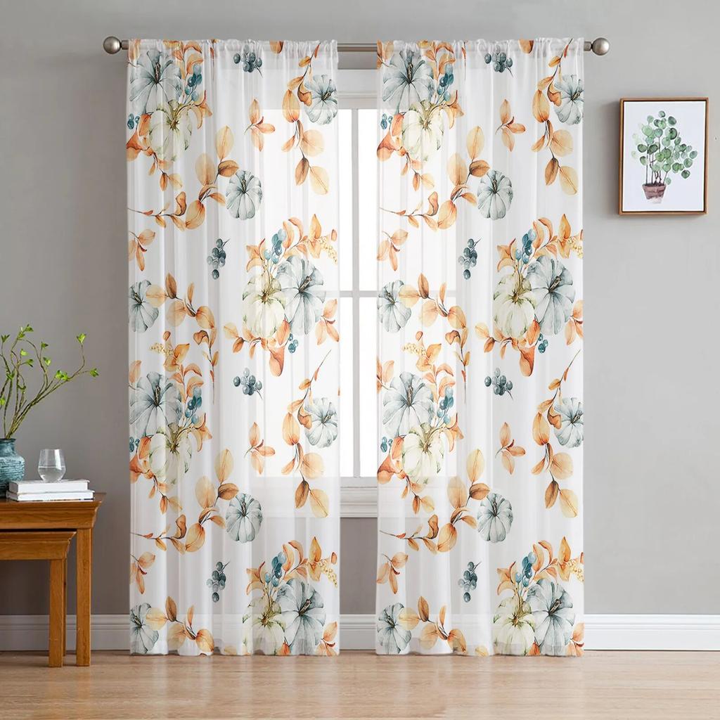 Orange Abstract Plant Leaf Texture Autumn Bedroom Transparent Sheer Curtains Holiday Decoration Window Voile Tulle Curtain