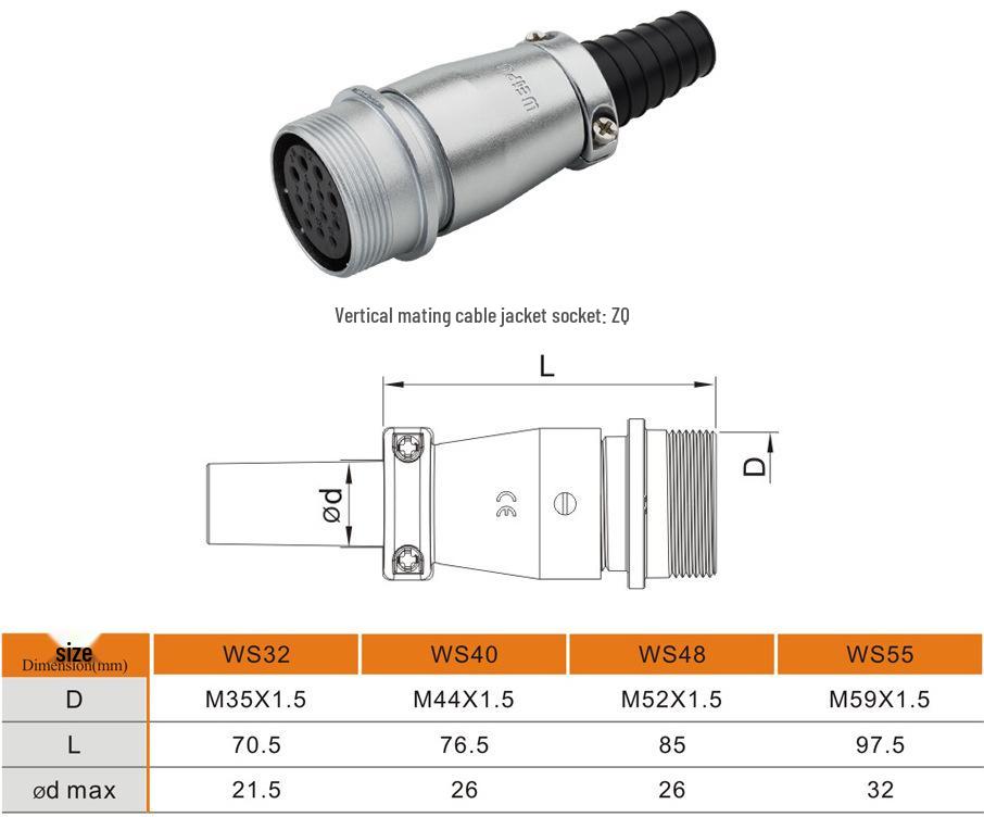 Weipu WS55 Aviation Plug Mating Socket Connector - 4, 7, 40, 53, 61 Pins
