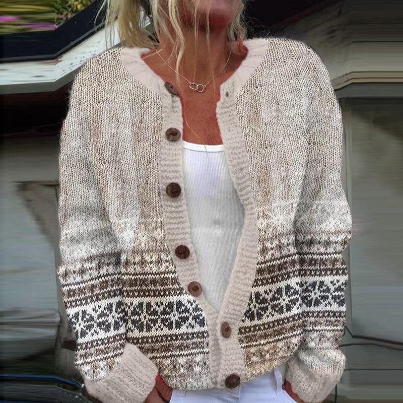 Women's Pink V-Neck Knit Cardigan with Jacquard Floral Pattern