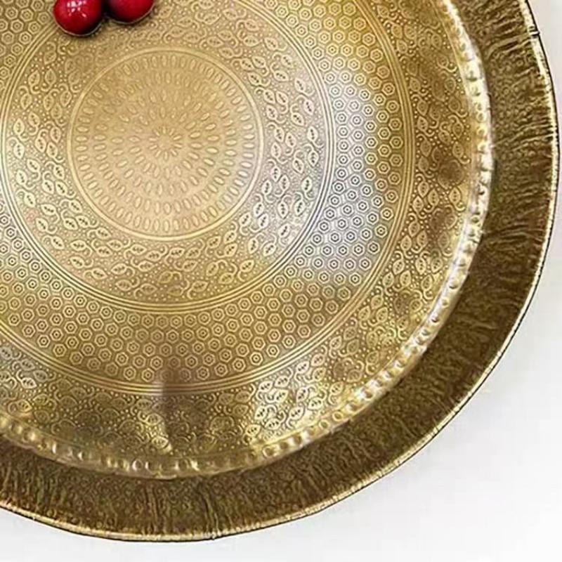 Vintage Engraving Hammer Texture Brass Coffee Cup Tray,Teacup Saucer Home Cheese 35 cm Fruit Plate,Snack Disc Table Decoration