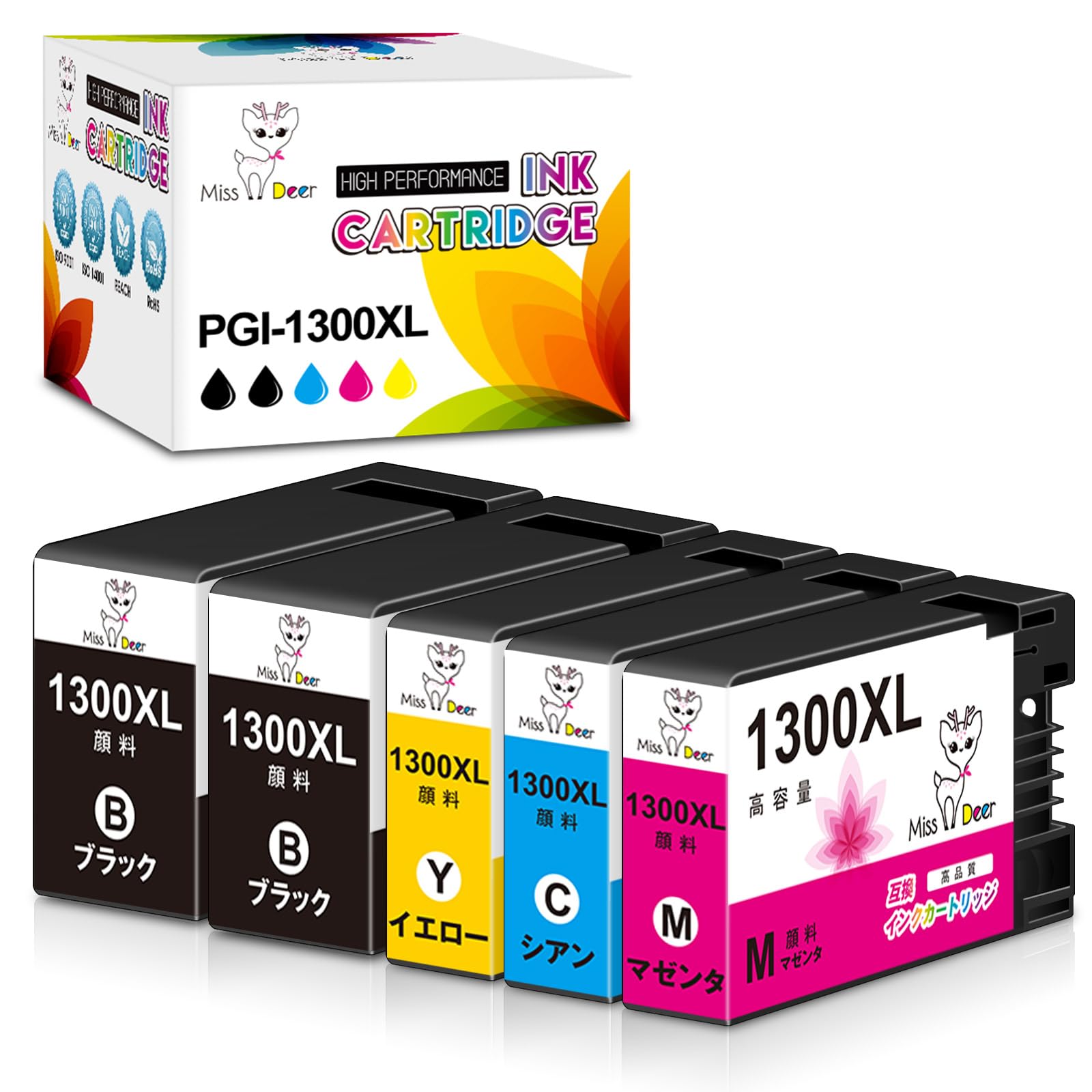 

Сумісне чорнило Miss Deer Canon Преміум-рівня Останній IC Сумісний з картриджами MAXIFY та MB2030 PGI-1300XL, Високої ємності, 4-кольоровий/5-упаковка, Пігмент,