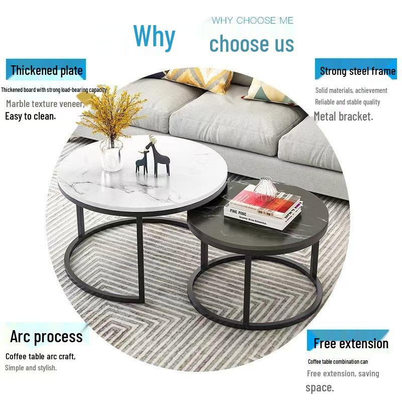 Modern Minimalist Round Coffee Table Set with Stone Pattern and Iron Art Storage