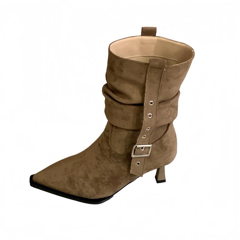 2025 New Retro Suede Pointed High-heeled Pleated Piled Boots Autumn and Winter New Belt Buckle Western Medium Boots Women