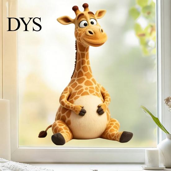 Reusable Sunproof Door Decals Cute Cartoon Giraffe Static Window Clings, Thick PVC No-Adhesive Removable Glass Decals, Childlike Wall Decor Waterproof