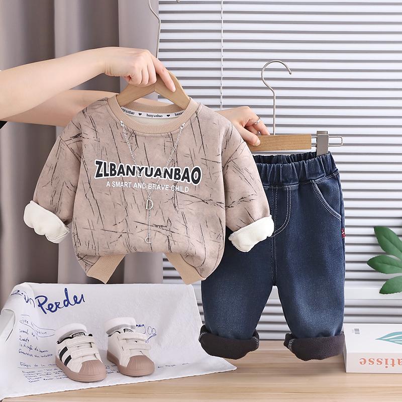 

Комплект из 2 предметов с длинным рукавом для мальчиков, Детский осенне-зимний флисовый худи с круглым вырезом и принтом букв XXL абрикосовый