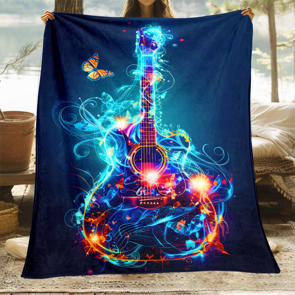 Guitar Music Butterflies Light Energy Abstract Art Fleece Blanket Vibrant Design Soft Plush Throw For Music Lovers HomeDecorGift 75x100cm