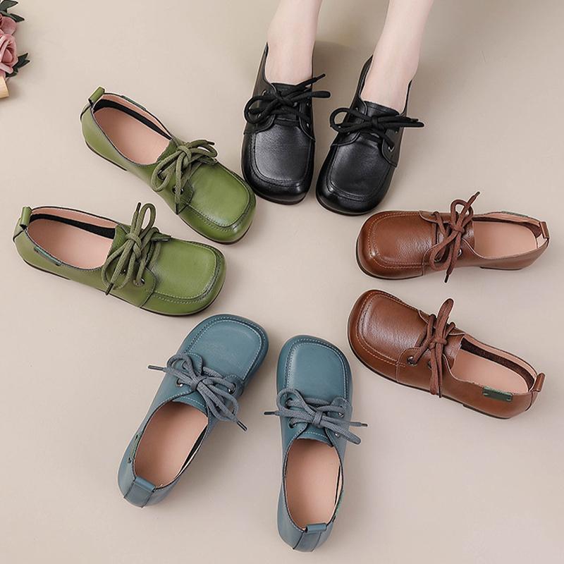 Fashion Square toe lace up flats women genuine cow leather shoes woman luxury oxford style flats ladies green blue moccasin travel shoes