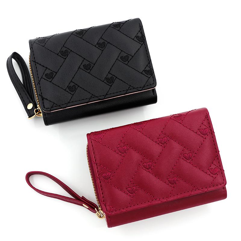 Women's Tri-Fold Embroidered Heart Wallet with Multi-Card Slots and Leather Coin Purse