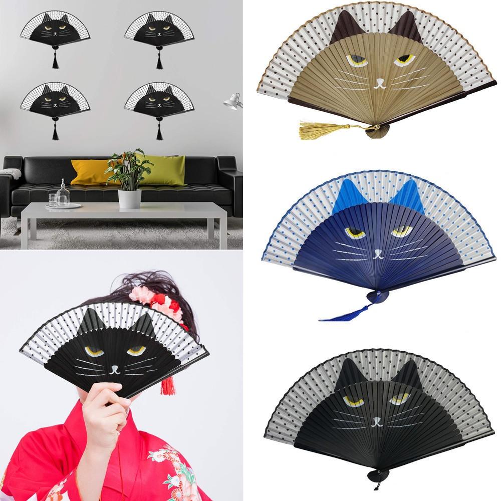Cute Cat Pattern Bamboo Folding Fan Japanese Style Women Lovely Cartoon Kitten Hand Fans Handheld Fan Crafts Home Decoration