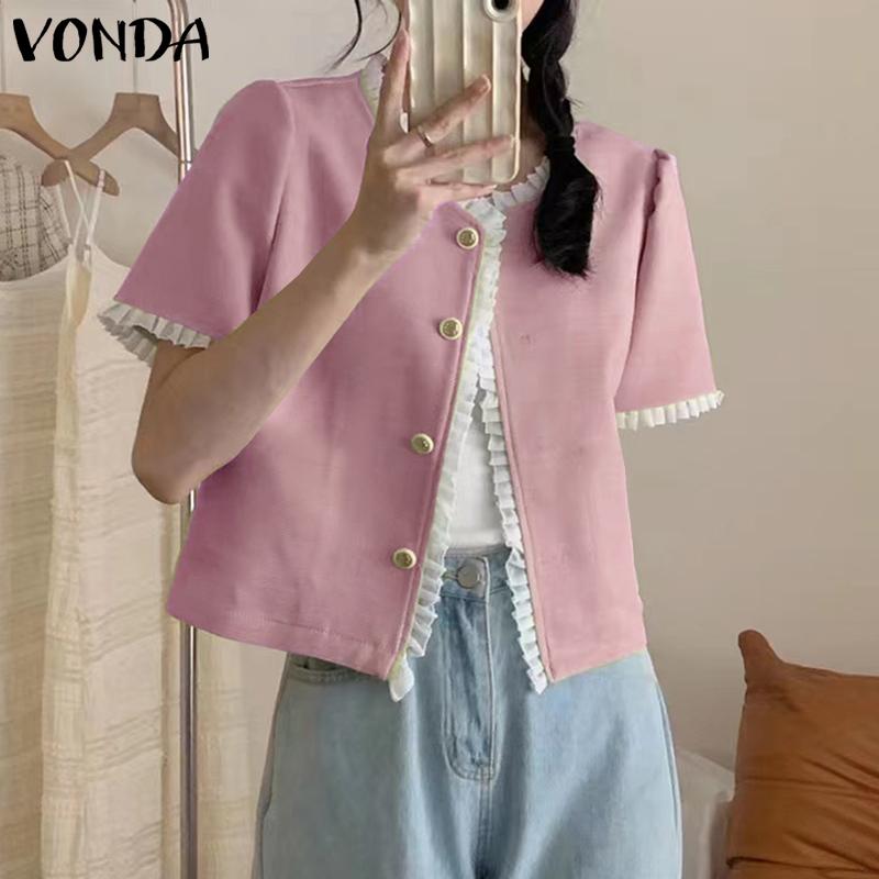 

VONDA рубашки с коротким рукавом на пуговицах однотонные повседневные топы пальто