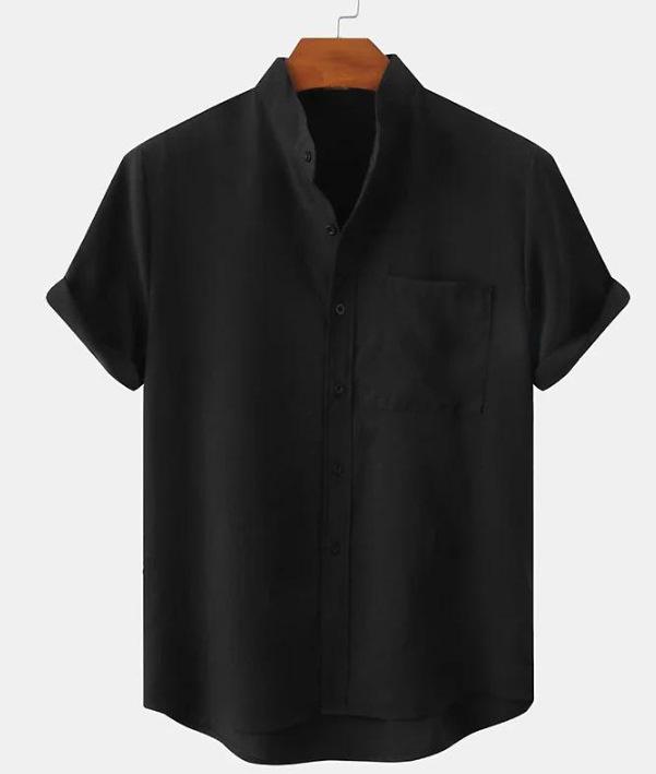 Men's Cotton and Linen Stand-up Collar Short-sleeved Solid Color Shirt Casual Cardigan Men's Shirt