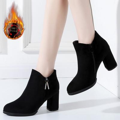 Autumn and Winter Fashion Round Head Side Zipper High Thick Heel Casual Large Size Women's Suede Velvet Fashion Boots