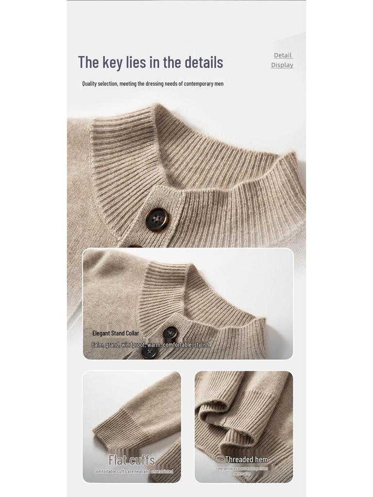Men's Business Casual Cashmere Cardigan - Thick Stand Collar Wool Knit for Autumn & Winter