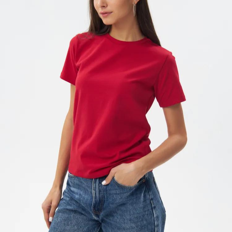 

Летняя женская футболка из дышащего однотонного хлопка с круглым вырезом и коротким рукавом для отдыха, футболки для пар M красный
