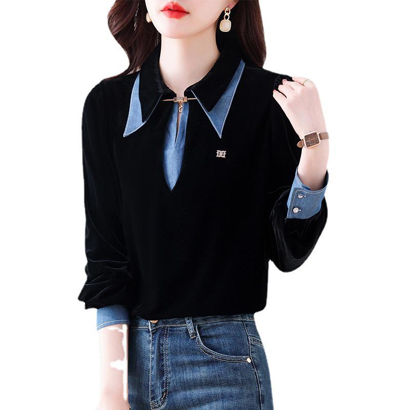 Women's Velvet Long Sleeve Denim Patchwork Two-Piece Shirt - Early Autumn 2023 Trend.