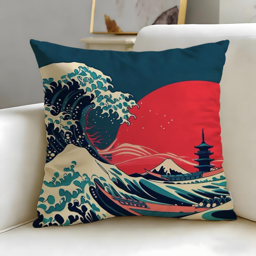 Classic Art Theme Japanese Waves Cushion Cover Soft  EasyWash Pillow Case  Versatile for Couch Bed Travel and Office