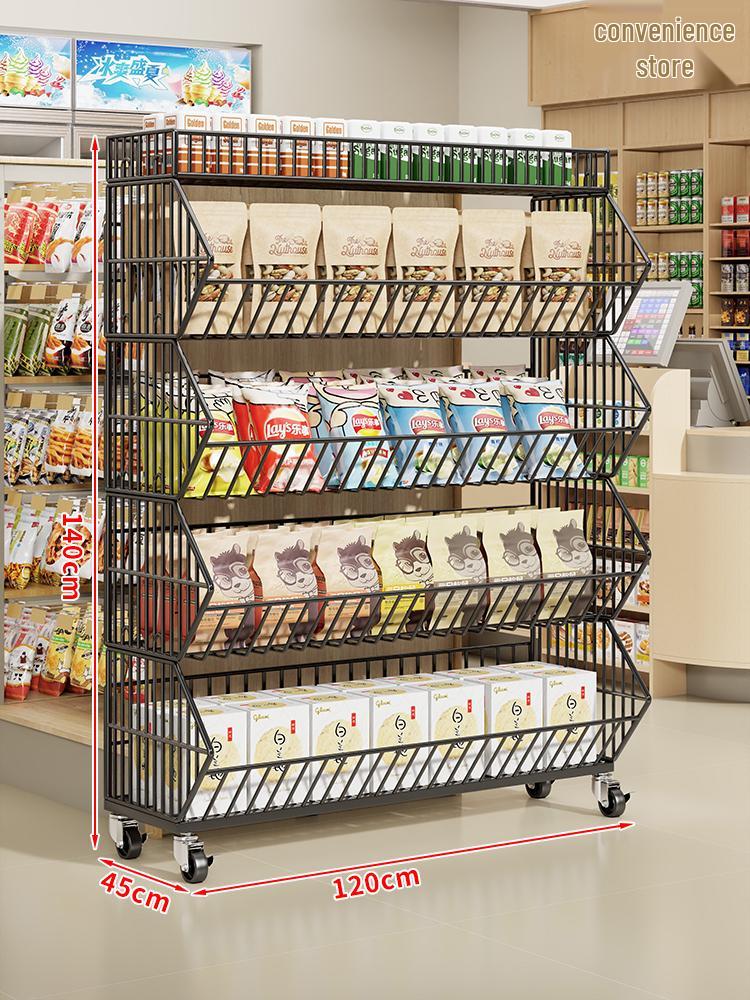 Multi-Layer Snack Display Rack with Wheels for Supermarket or Convenience Store