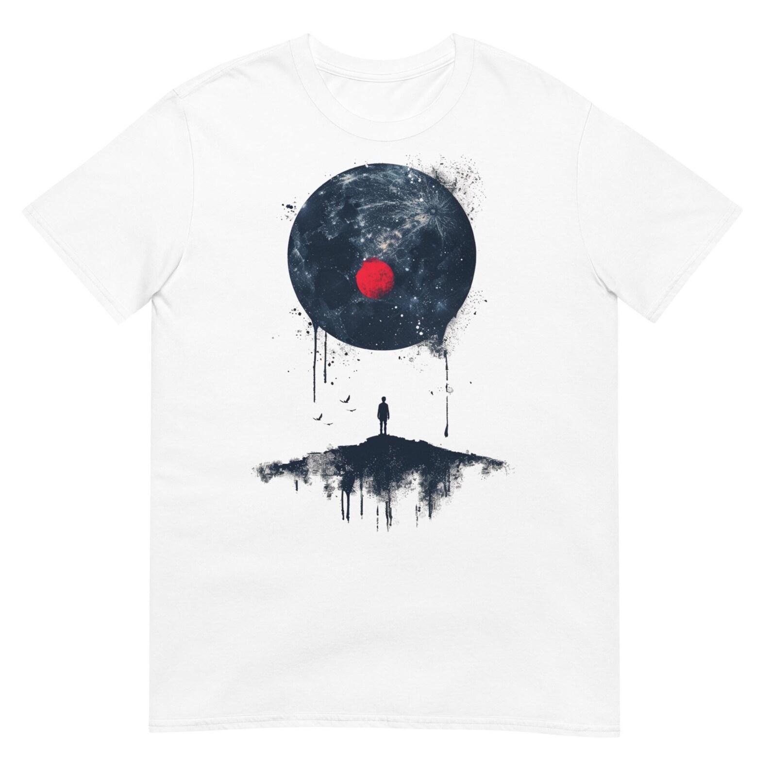 Moon and Wanderer T-Shirt – Unisex Short-Sleeve Graphic Tee – Surreal Night Sky Design – Artistic and Stylish Apparel S