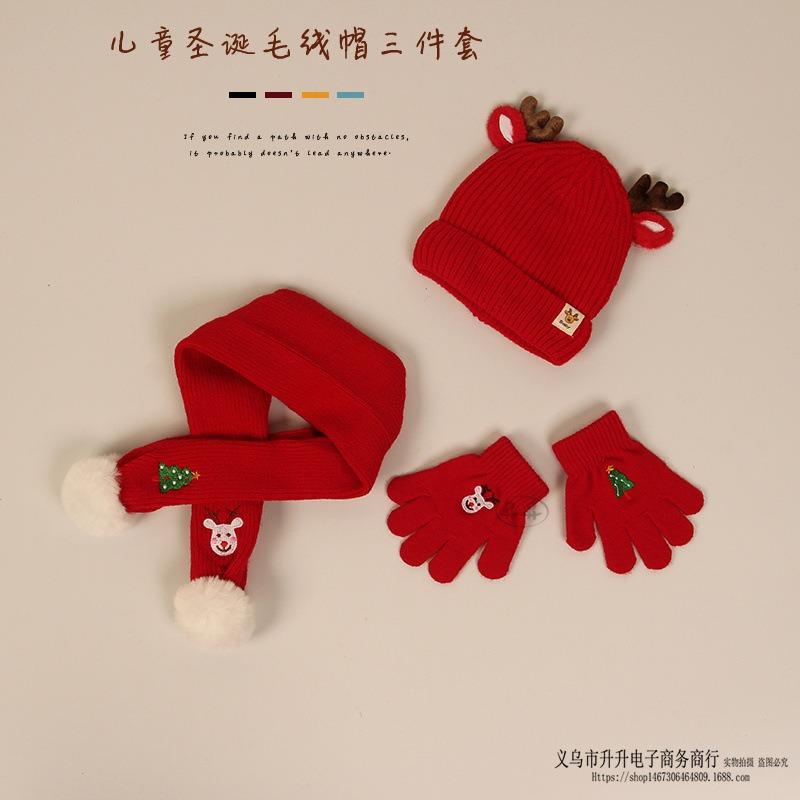 Children's hats, scarves, gloves, three-piece set, plush scarf, cute antlers, baby wool hat, Christmas set.
