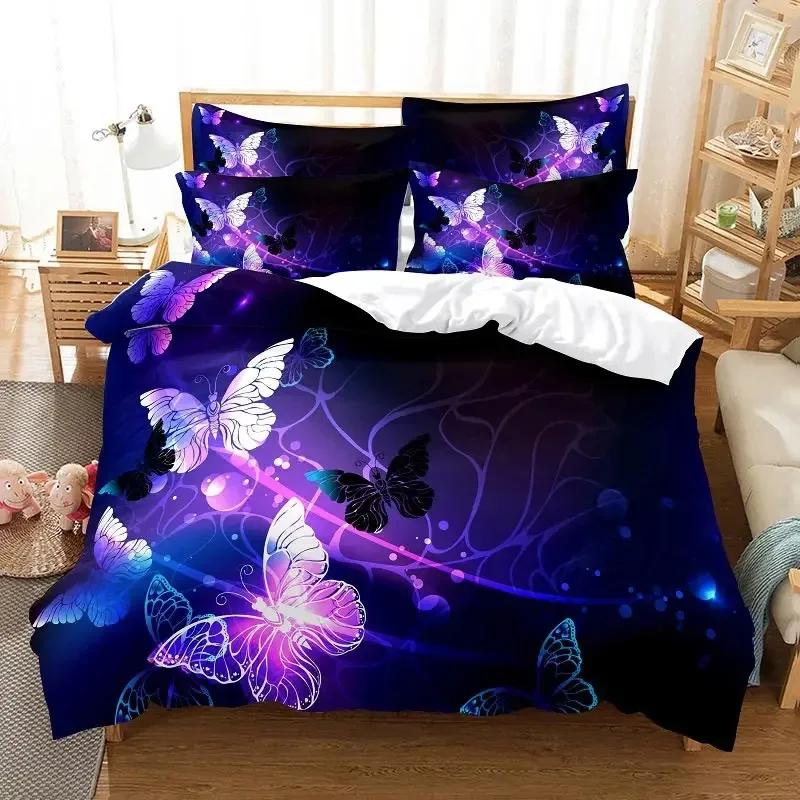 Purple Bedding Set Violets Dog Duvet Cover Quilt Cover 3D Lavender Butterfly Double For Full King Queen Twin Single Size