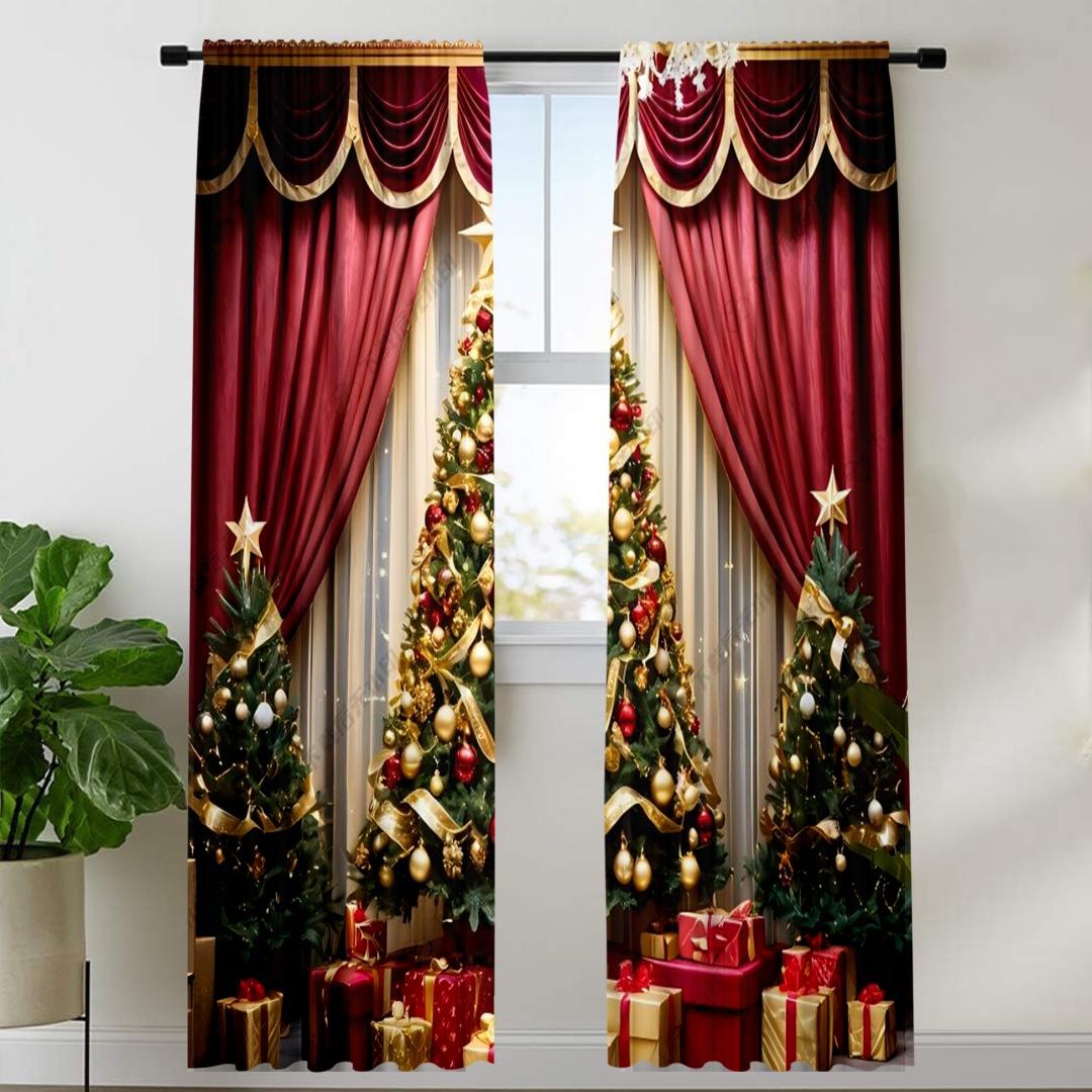 2 Stück Frohe Weihnachten Rot Neujahr Goldkugel Weiße Schneeflocke Lichtfilter Vorhänge für Wohnzimmer Schlafzimmer Fenster Deko 50W130H(CM) 2PCS&Rod Pocket