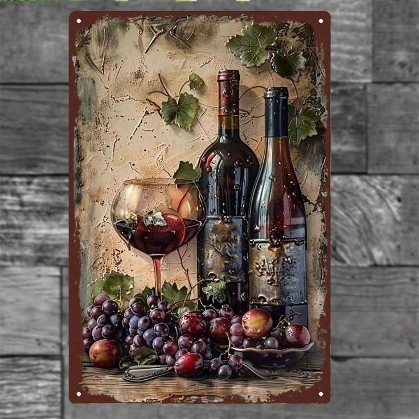 Metal Wall Art Vintage Wine Grape Poster Kitchen Decor Green Leaf 20x30cm