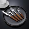Cylindrical Wood Handle 304 Stainless Steel Cutlery Set: Knife, Fork, Spoon for Main Course & Dessert
