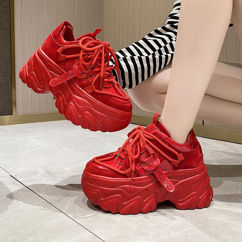 Fashion New Women Platform Sneakers Spring Autumn 8cm Chunky High Heels Bling Red Ladies Wedges Casual Dad Shoes Leather Sports Sneakers