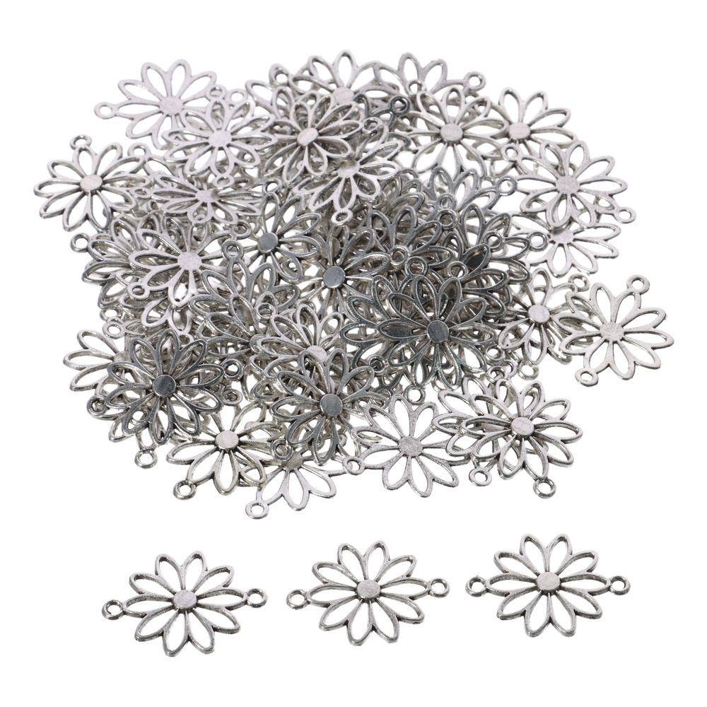 60pcs Daisy Flower Flower Connector Charms Hollow Antique Silver Double Loop Pendants Zinc Alloy 25*19*1.5mm