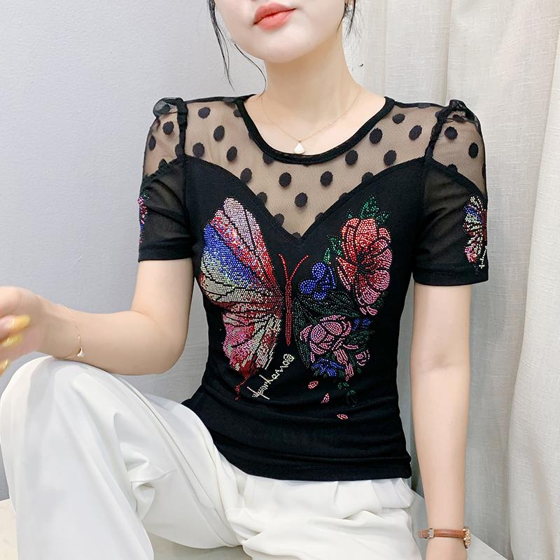 

Летняя новая футболка в горошек с кружевом, женская, блестящая бабочка, горячие бриллианты, дизайнерские топы, элегантная приталенная женская футболка XL чёрный