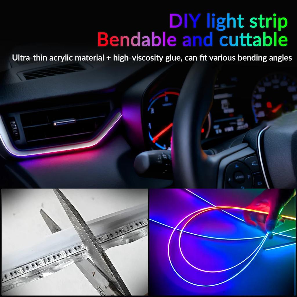 Symphony Car Ambient Light Interior LED Rainbow RGB Neon Acrylic Strip Light Auto Streamer Atmosphere Lamp Kit 12V APP Control