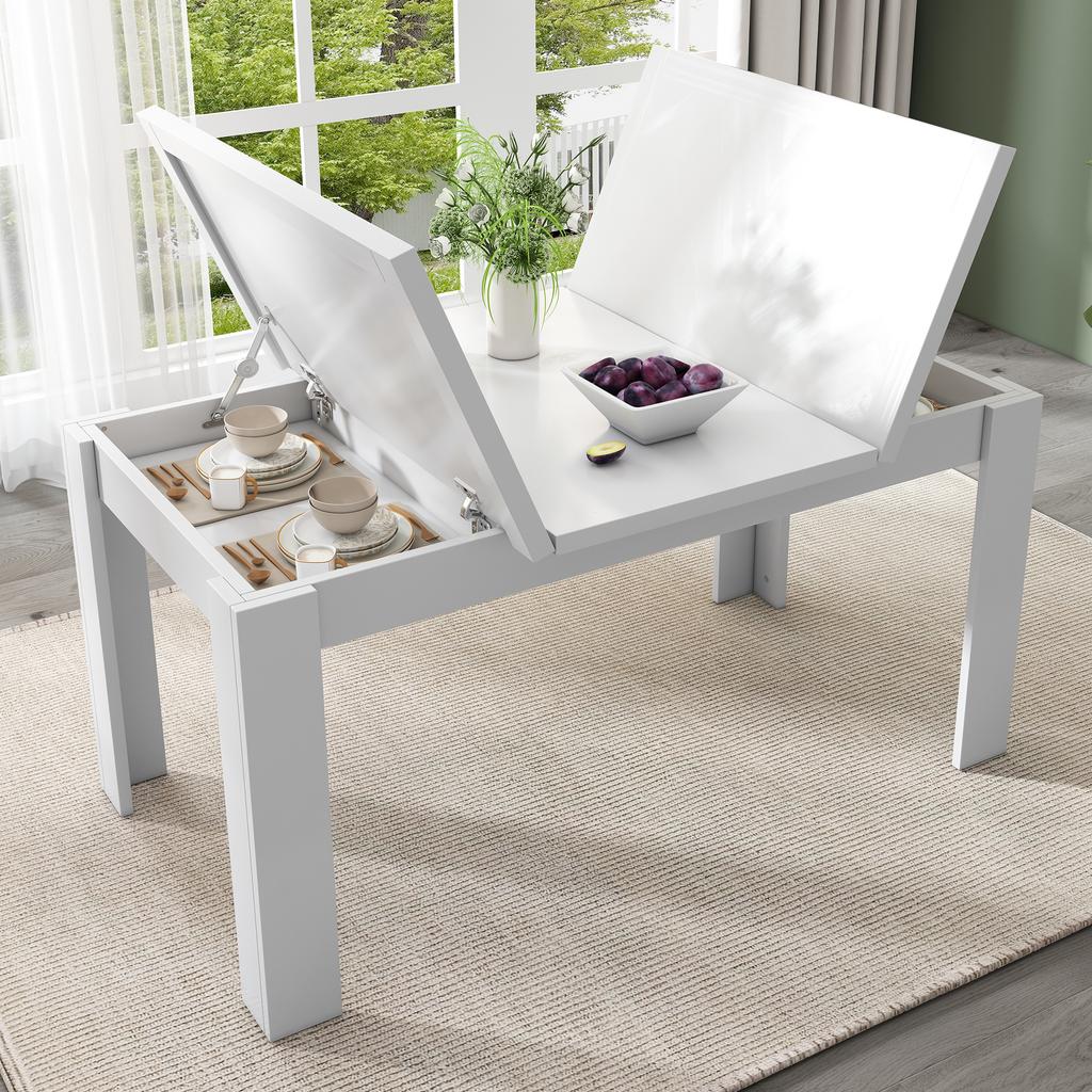 Dining Table 120*70cm, with Storage, Rectangular, Coffee Leisure Table, Modern Simple, Open Storage, Space-Saving, Multifunctional, White