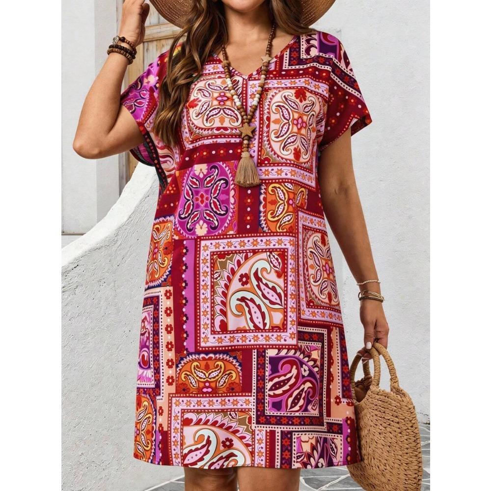 Women's Casual V Neck Short Sleeve A Line Print Dress Blue Leaf Pattern White Background Summer Dress 2024 New Fashion