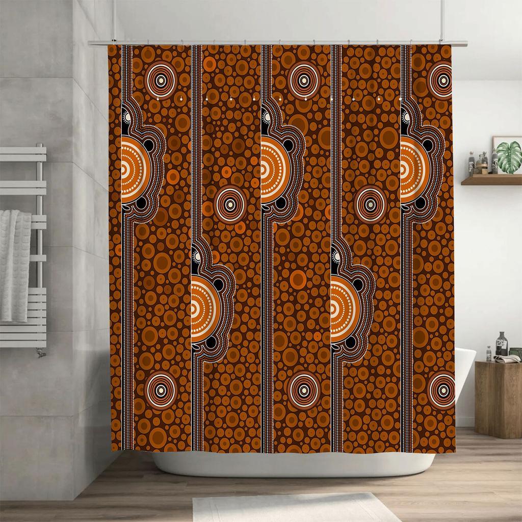 Decorative Shower Curtain Boho Print Design for Bathroom Long Size Orange Pattern with Circular Motif 180 x 245 cm