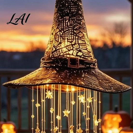 Halloween Hanging Decorations Lighted Witch Hat Chime LED Glowing Wizard with Yard Patio Decor Swinging Star Tassels Indoor Outdoor Porch