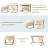 2-in-1 Runder Couchtisch aus MDF, Beistelltisch mit Marmorplatte und Schubladen aus Kunststoff-Rattan, Griffe aus Massivholz. Goldene Eisenfüße.