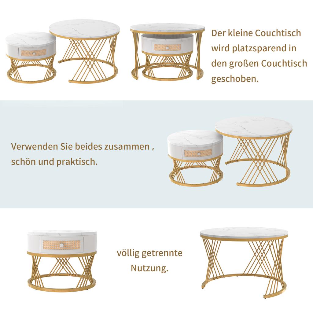 2-in-1 Runder Couchtisch aus MDF, Beistelltisch mit Marmorplatte und Schubladen aus Kunststoff-Rattan, Griffe aus Massivholz. Goldene Eisenfüße.