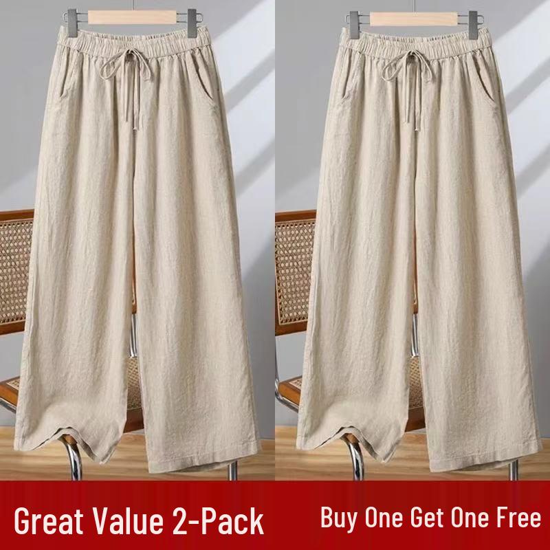Women's Casual Wide-Leg Cotton Linen Pants - Summer Thin, Loose Fit, Nine-Point Length, Slim and Tall Look