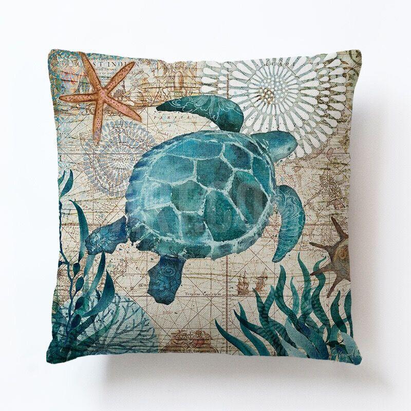 Marine Creatures Sea Horse Turtle Whale Octopus Linen Cushion Cover Pillow Cover