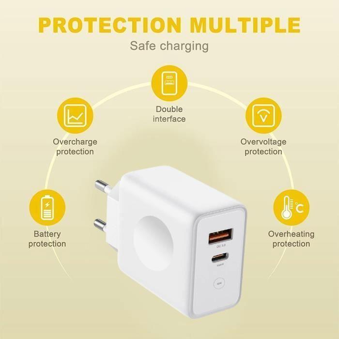 Chargeur Secteur 30W - 2 Ports USB-C et USB-A - Charge Rapide - Compatible iPhone 17/17 Air/16/16e