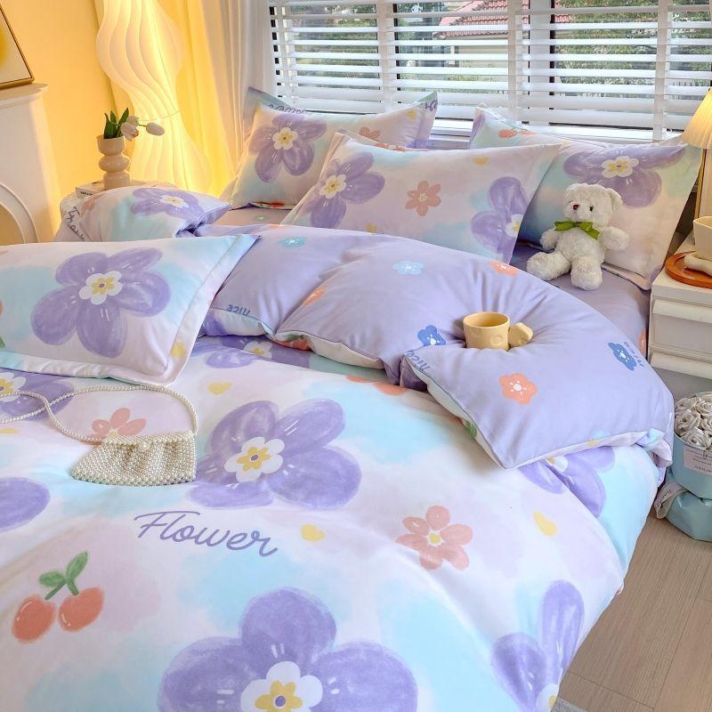 Thickened Pure Abraded Four-piece Set, Single Double Skin-friendly Twill Bed Sheet, Quilt Cover, Dormitory Three-piece Set, Bedding