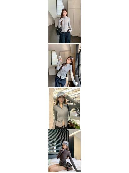 Petite Women's Double-Zip Waist-Cinched Cardigan with Stand-Up Collar - Spring/Autumn Long-Sleeve Top 2025