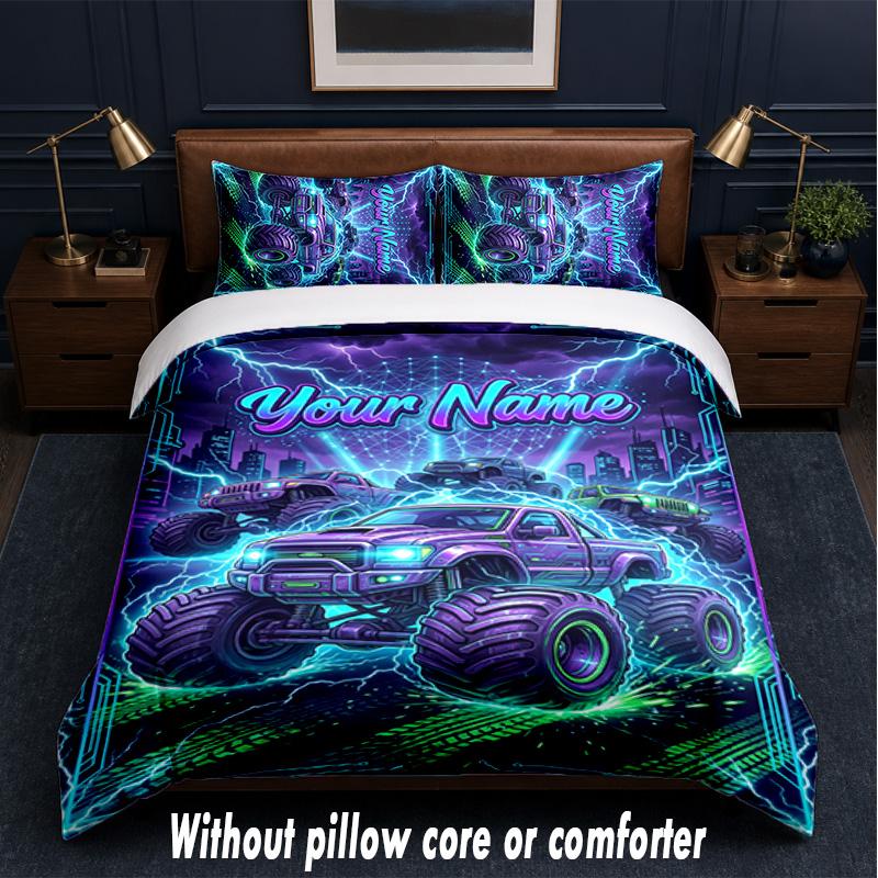 Monster Truck Theme Custom Text Or Name 3Pcs Bedding Set,1 Flat Sheet & 2 Pillowcases Personalized Home Bedding