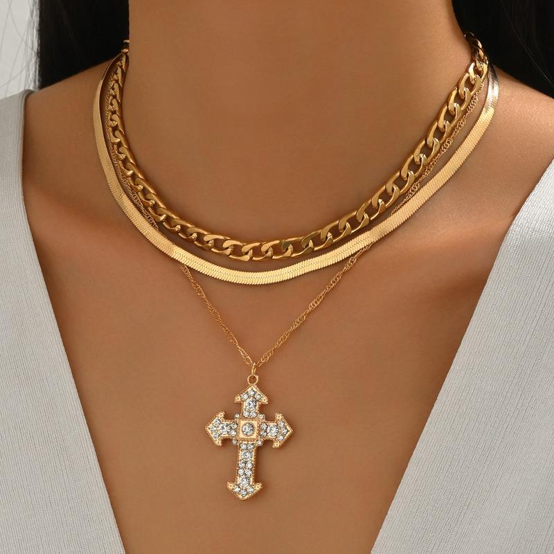 Gold cross necklace, multi-layer stacked diamond-encrusted jewelry, female creative simple alloy necklace