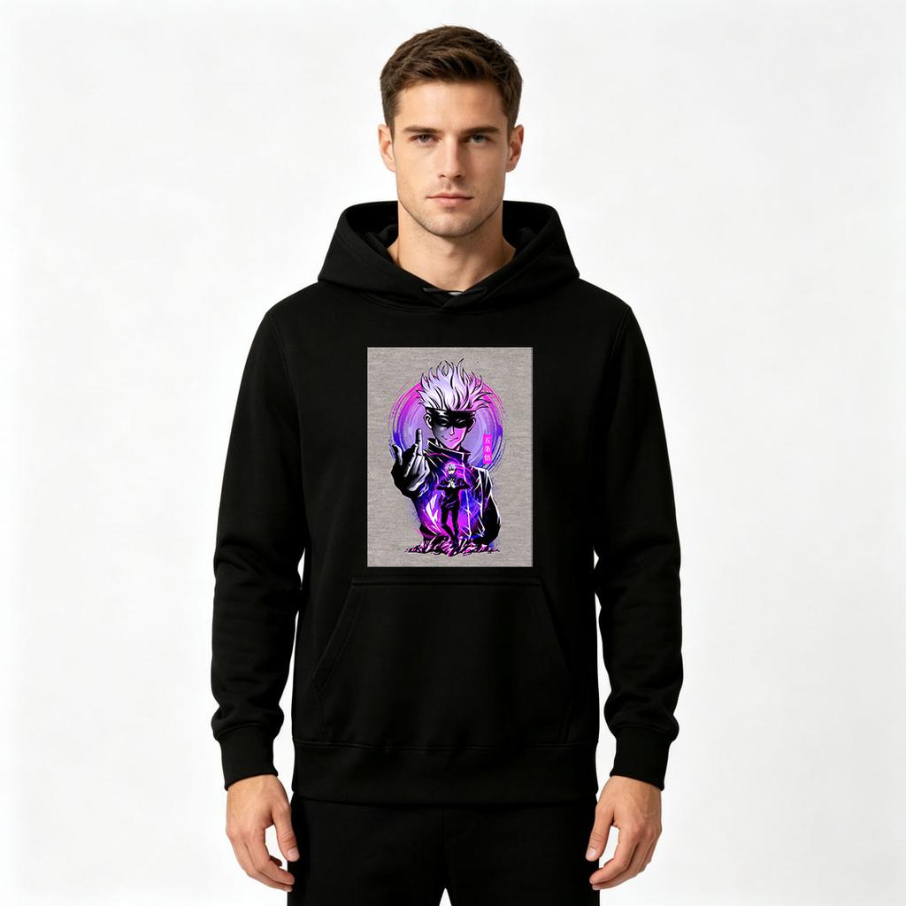Men Anime Satoru Purple Graphic Print Pullover Hoodie Casual Long Sleeve Streetwear Sweatshirt