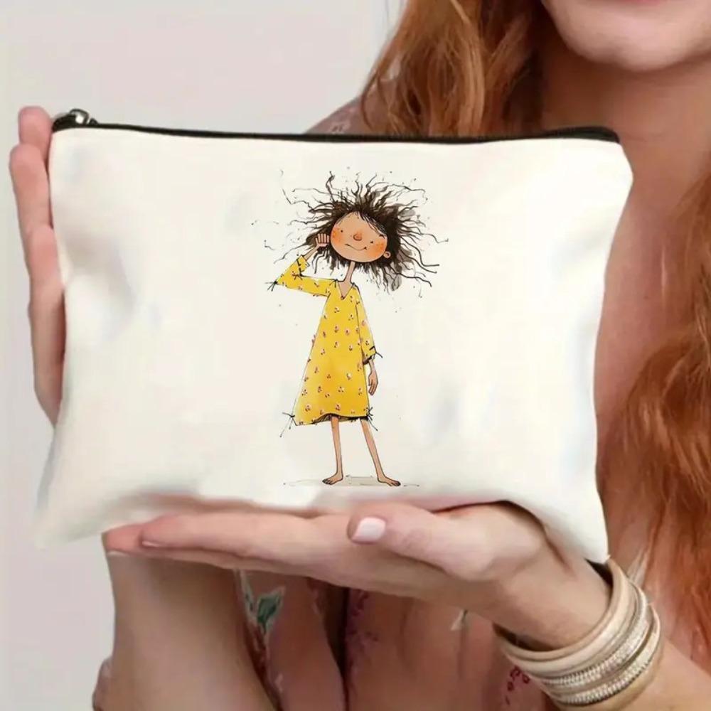 Durable Vintage Style Makeup Bag Cute Girl Pattern Foldable Storage Bag Lightweight Zipper Toiletry Bag Travel
